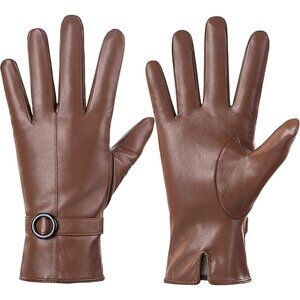 Women's Light Brown Lambskin Leather Gloves Warm Touchscreen Winter Driving Gift